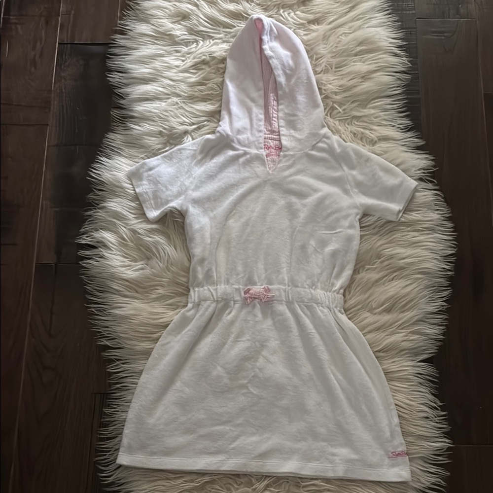 White Hooded Swimsuit Cover-up with Pink Accents